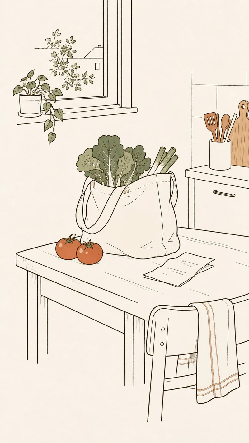 BYOME 选编《买菜回来》：窗边的蔬菜、餐桌与围裙线稿